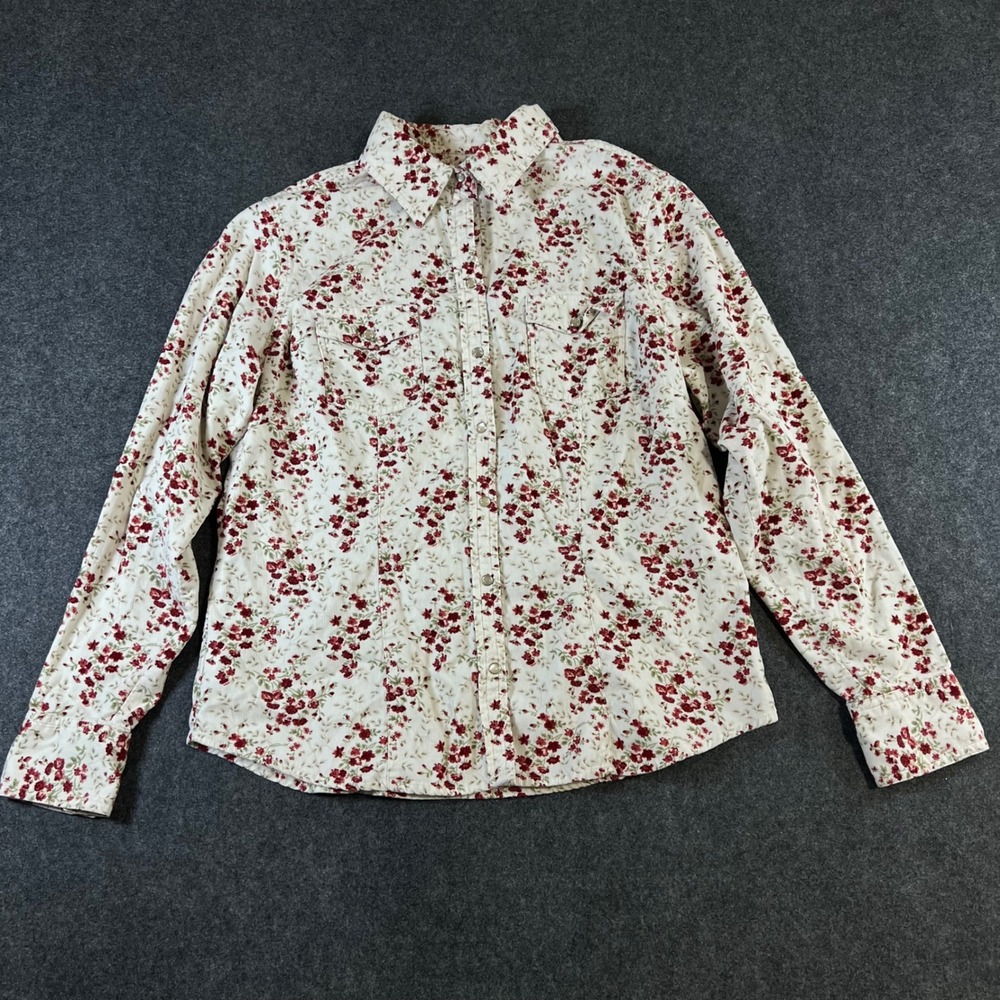 Eddie Bauer Womens Floral Corduroy Snap Front Shirt Cream Red Size L Cottagecore